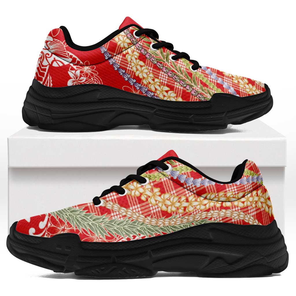 Red Palaka Hawaii Leis Chunky Sneakers Hawaiian-plaid Elegant Tropical Vibes