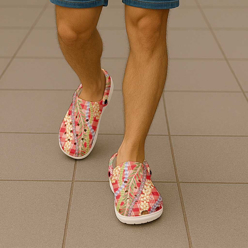 Red Palaka Hawaii Leis Clogs Shoes Hawaiian-plaid Elegant Tropical Vibes - Polynesian Pride