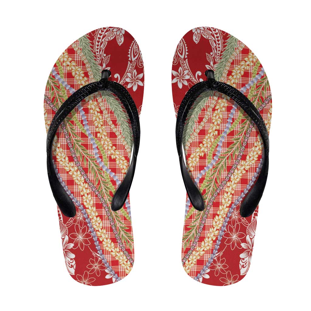 Red Palaka Hawaii Leis Flip Flops Hawaiian-plaid Elegant Tropical Vibes - Polynesian Pride