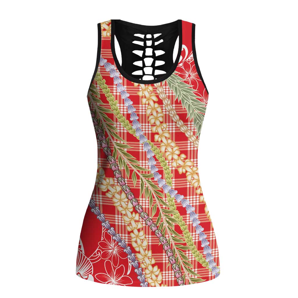 Red Palaka Hawaii Leis Hollow Tank Top Hawaiian-plaid Elegant Tropical Vibes - Polynesian Pride
