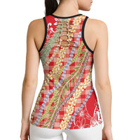 Red Palaka Hawaii Leis Hollow Tank Top Hawaiian-plaid Elegant Tropical Vibes - Polynesian Pride