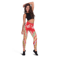 Red Palaka Hawaii Leis Leggings Hawaiian-plaid Elegant Tropical Vibes - Polynesian Pride