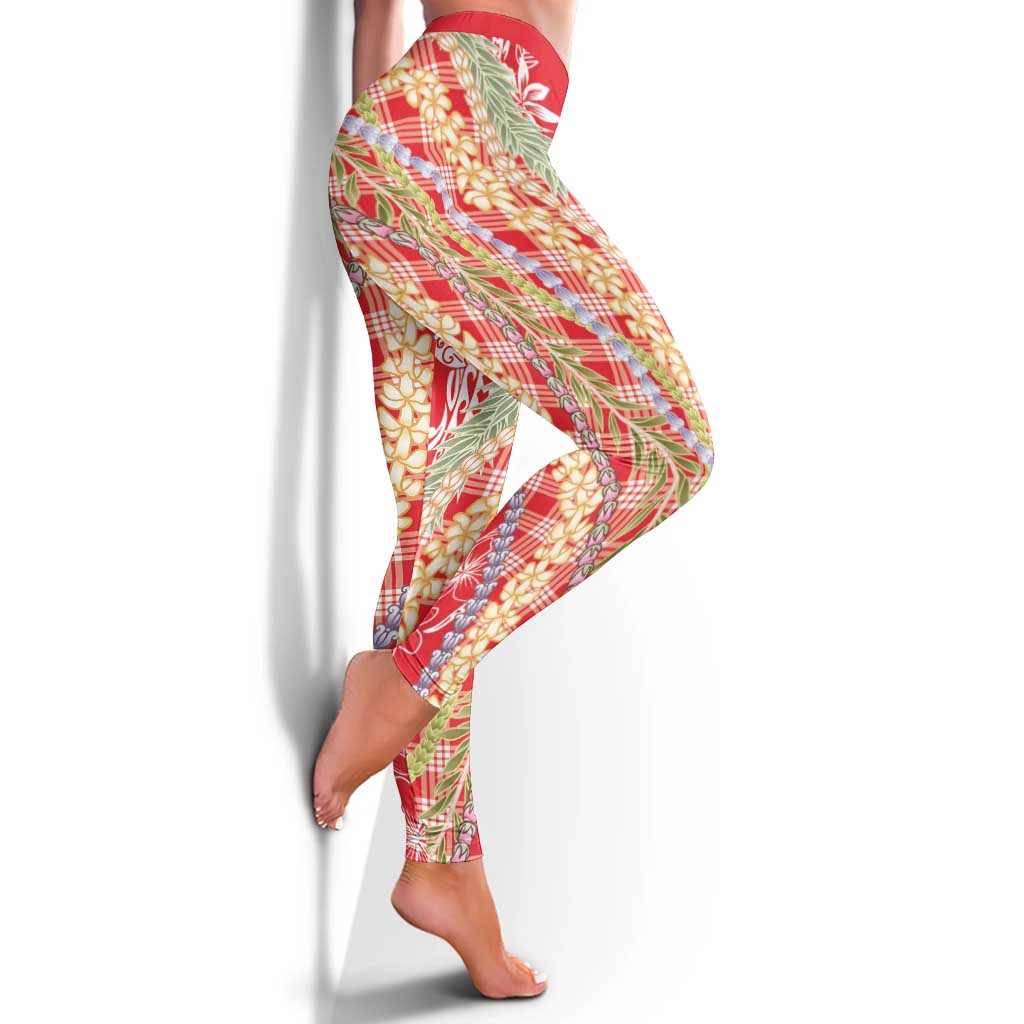 Red Palaka Hawaii Leis Leggings Hawaiian-plaid Elegant Tropical Vibes - Polynesian Pride