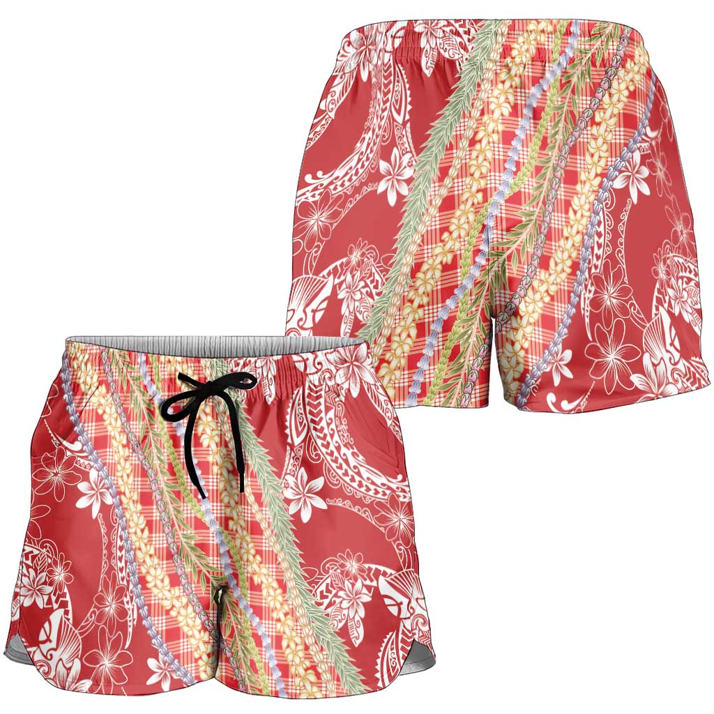 Red Palaka Hawaii Leis Shorts for Women Hawaiian-plaid Elegant Tropical Vibes - Polynesian Pride