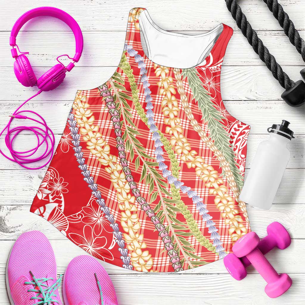 Red Palaka Hawaii Leis Women Racerback Tank Hawaiian-plaid Elegant Tropical Vibes - Polynesian Pride