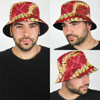 Red Palaka Hawaii Mele Kalikimaka Bucket Hat Ohia Lehua Monstera Puakenikeni Lei - Polynesian Pride