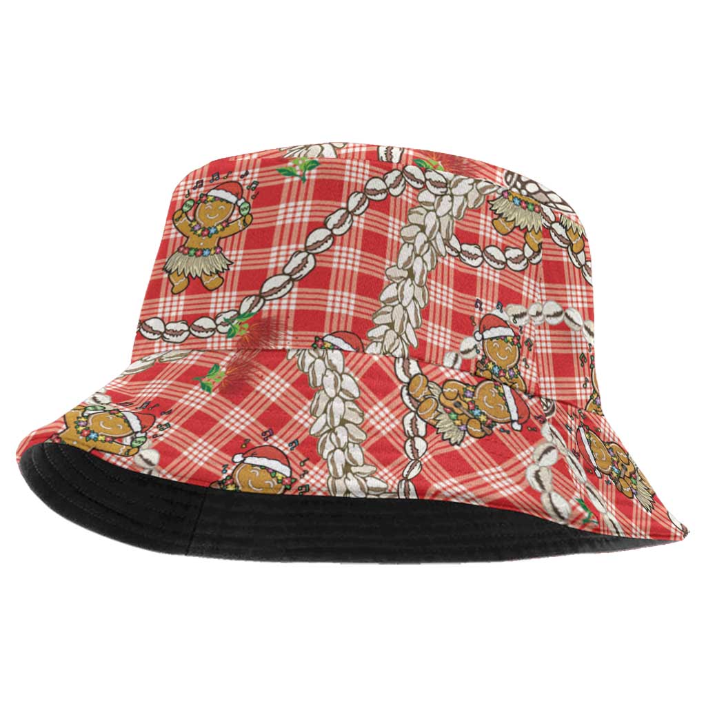 Red Palaka Hawaii Mele Kalikimaka Bucket Hat Ohia Lehua Shell Leis Funny Gingerbread Santa - Polynesian Pride