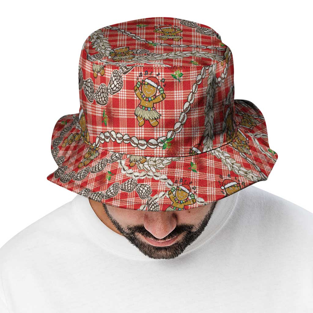 Red Palaka Hawaii Mele Kalikimaka Bucket Hat Ohia Lehua Shell Leis Funny Gingerbread Santa - Polynesian Pride