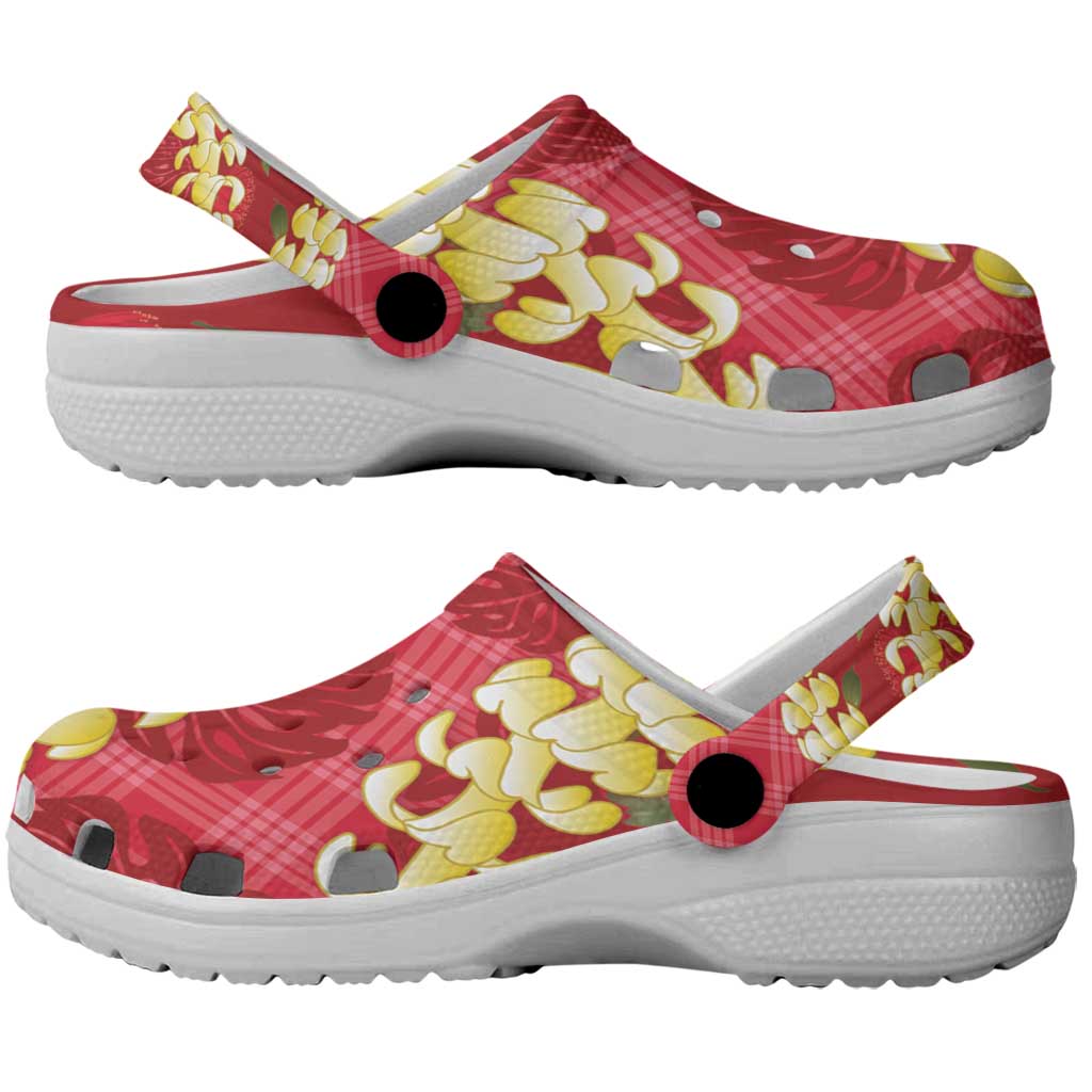 Red Palaka Hawaii Mele Kalikimaka Clogs Shoes Ohia Lehua Monstera Puakenikeni Lei - Polynesian Pride