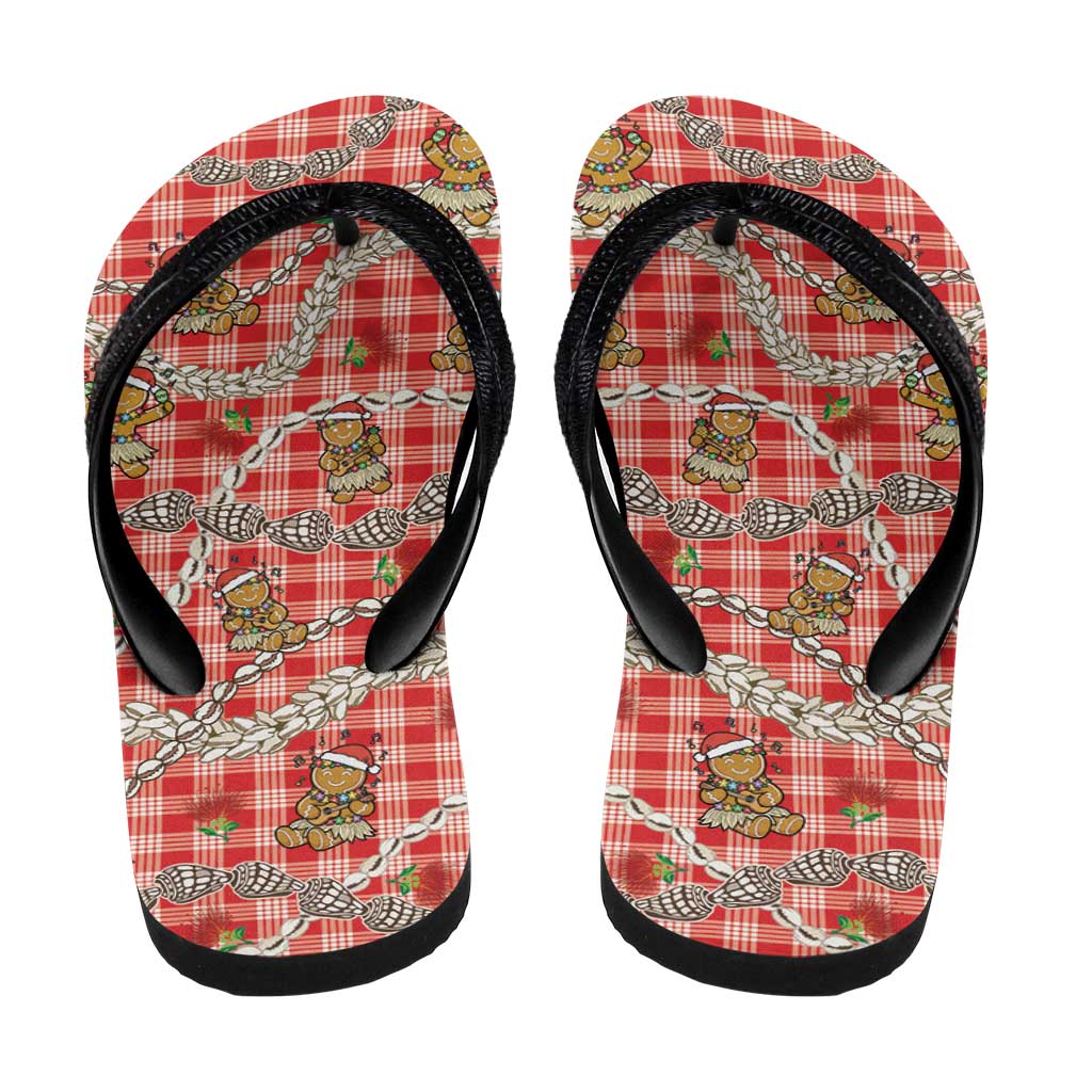 Red Palaka Hawaii Mele Kalikimaka Flip Flops Ohia Lehua Shell Leis Funny Gingerbread Santa - Polynesian Pride