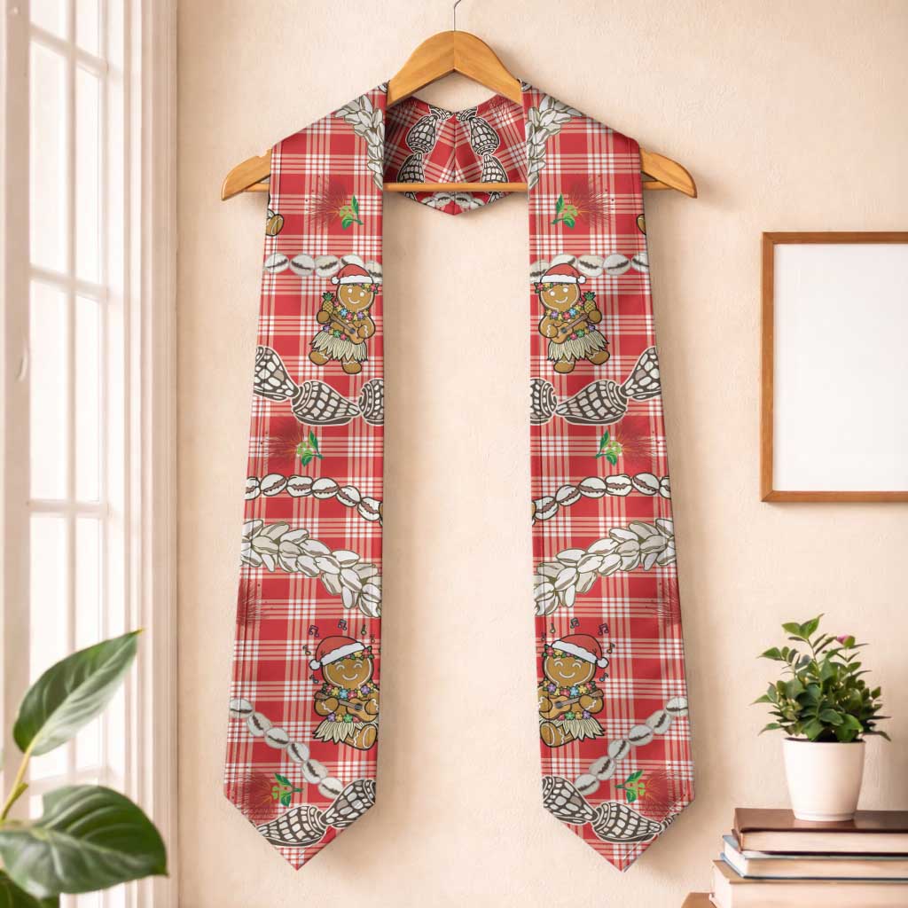 Red Palaka Hawaii Mele Kalikimaka Graduation Stole Ohia Lehua Shell Leis Funny Gingerbread Santa - Polynesian Pride