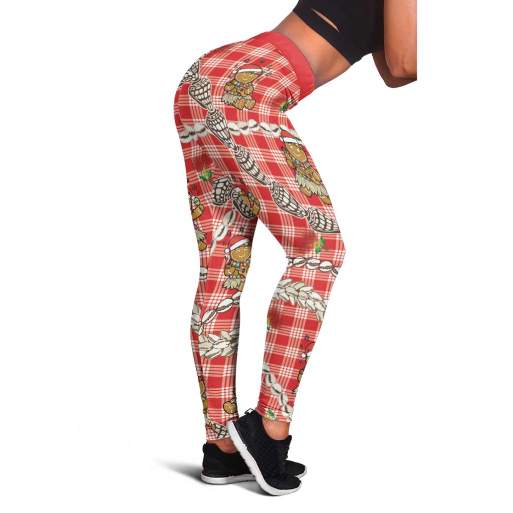 Red Palaka Hawaii Mele Kalikimaka Leggings Ohia Lehua Shell Leis Funny Gingerbread Santa - Polynesian Pride