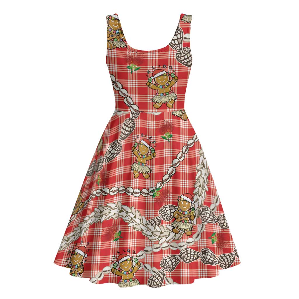 Red Palaka Hawaii Mele Kalikimaka Midi Dress Ohia Lehua Shell Leis Funny Gingerbread Santa - Polynesian Pride