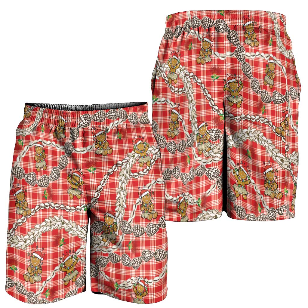 Red Palaka Hawaii Mele Kalikimaka Shorts for Men Ohia Lehua Shell Leis Funny Gingerbread Santa - Polynesian Pride