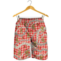 Red Palaka Hawaii Mele Kalikimaka Shorts for Men Ohia Lehua Shell Leis Funny Gingerbread Santa - Polynesian Pride