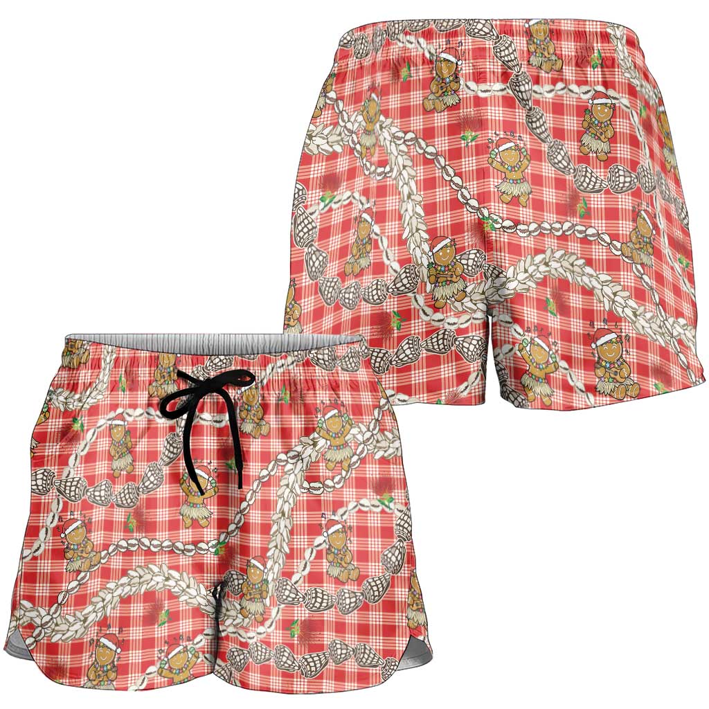 Red Palaka Hawaii Mele Kalikimaka Shorts for Women Ohia Lehua Shell Leis Funny Gingerbread Santa - Polynesian Pride
