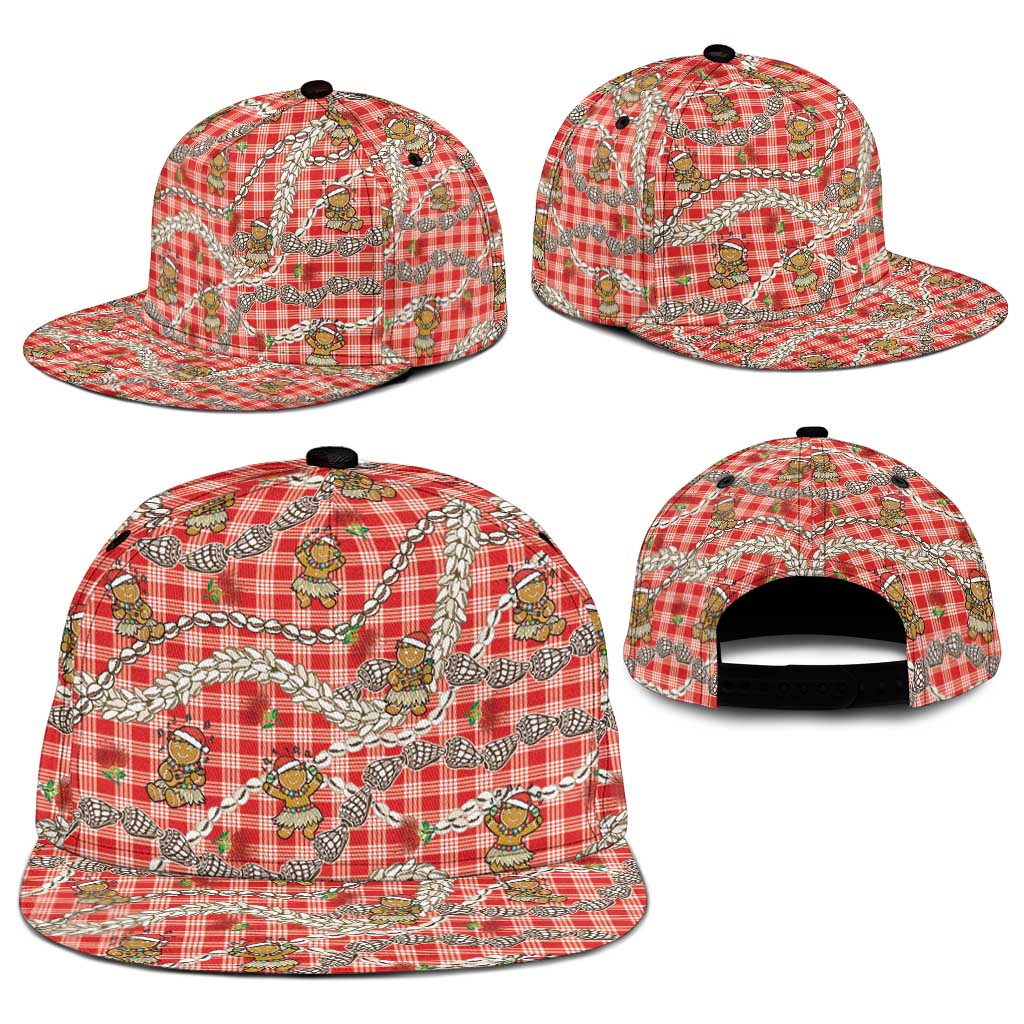 Red Palaka Hawaii Mele Kalikimaka Snapback Cap Ohia Lehua Shell Leis Funny Gingerbread Santa - Polynesian Pride