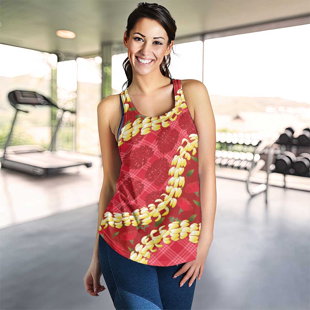 Red Palaka Hawaii Mele Kalikimaka Women Racerback Tank Ohia Lehua Monstera Puakenikeni Lei - Polynesian Pride
