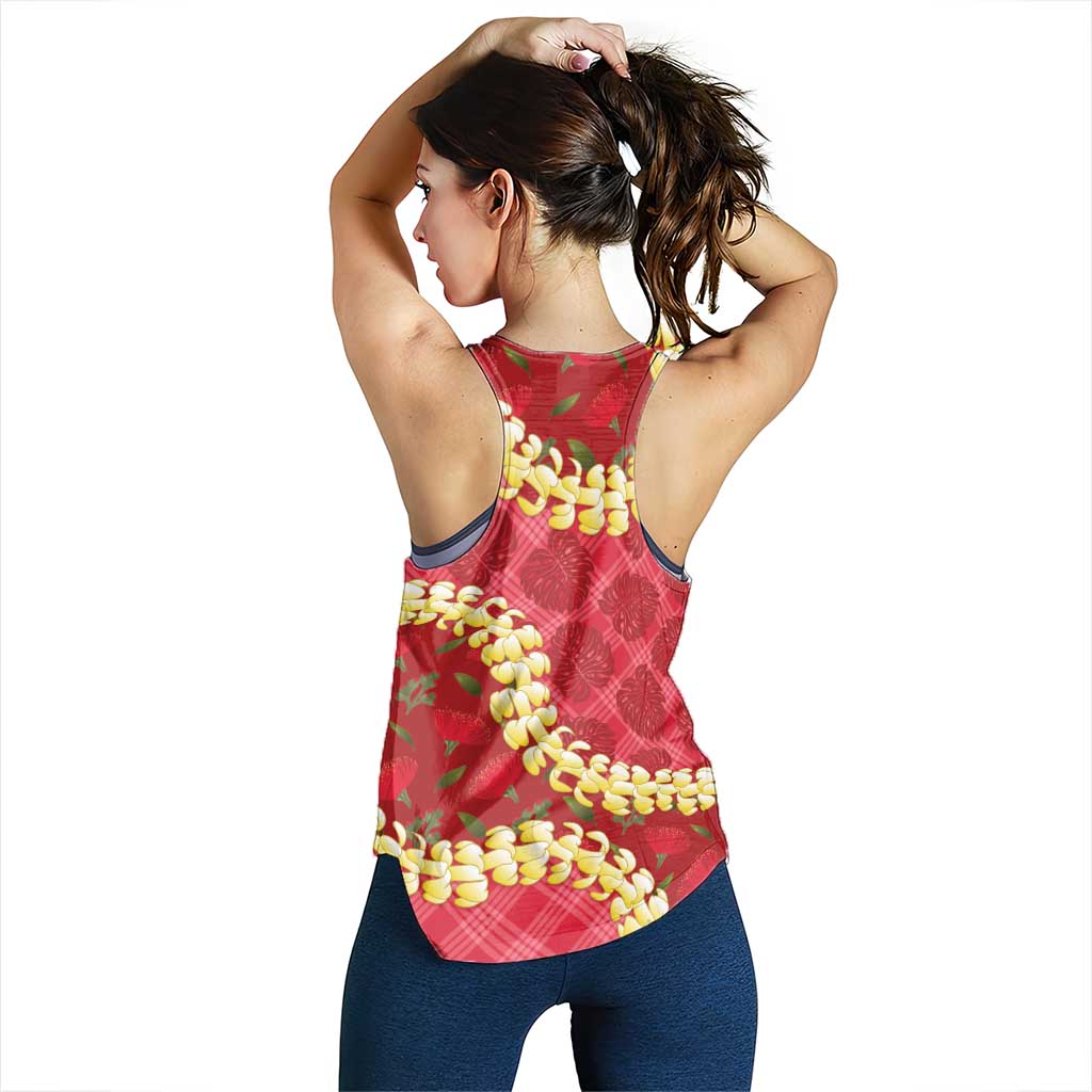 Red Palaka Hawaii Mele Kalikimaka Women Racerback Tank Ohia Lehua Monstera Puakenikeni Lei - Polynesian Pride
