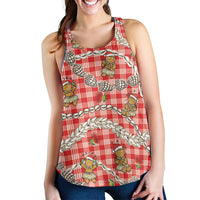 Red Palaka Hawaii Mele Kalikimaka Women Racerback Tank Ohia Lehua Shell Leis Funny Gingerbread Santa - Polynesian Pride