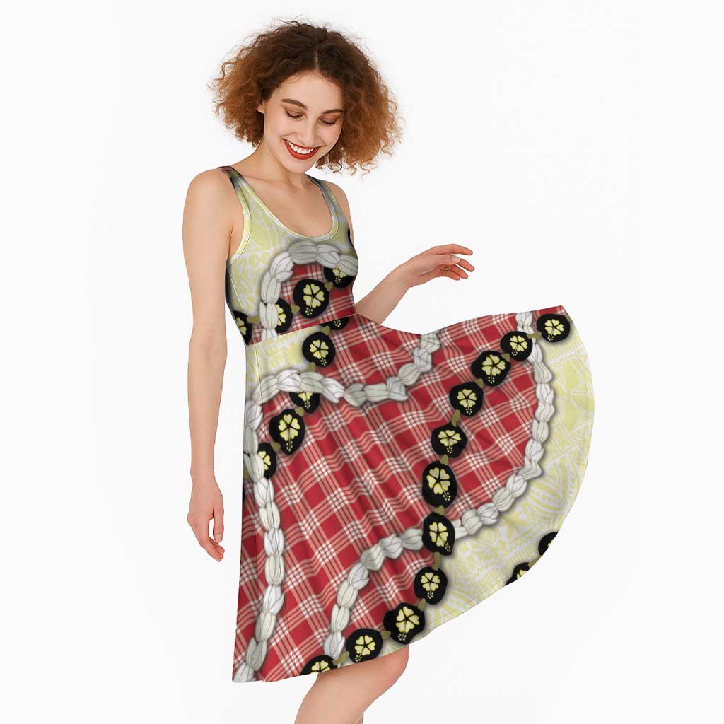 Red Palaka Hawaii Midi Dress Kukui Nut Pikake Lei Hawaiian Tapa Pattern - Polynesian Pride