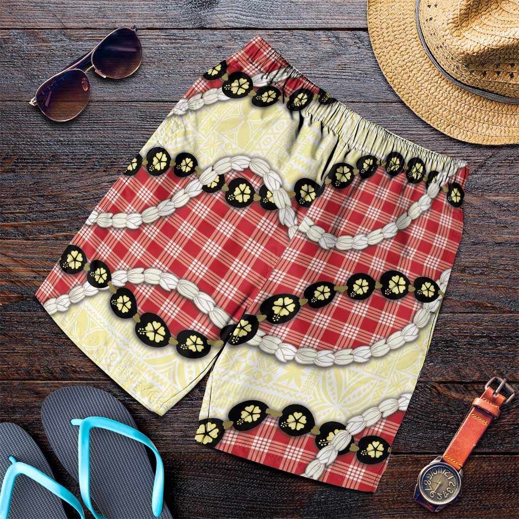 Red Palaka Hawaii Shorts for Men Kukui Nut Pikake Lei Hawaiian Tapa Pattern - Polynesian Pride