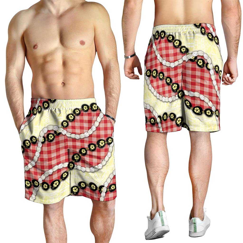 Red Palaka Hawaii Shorts for Men Kukui Nut Pikake Lei Hawaiian Tapa Pattern - Polynesian Pride