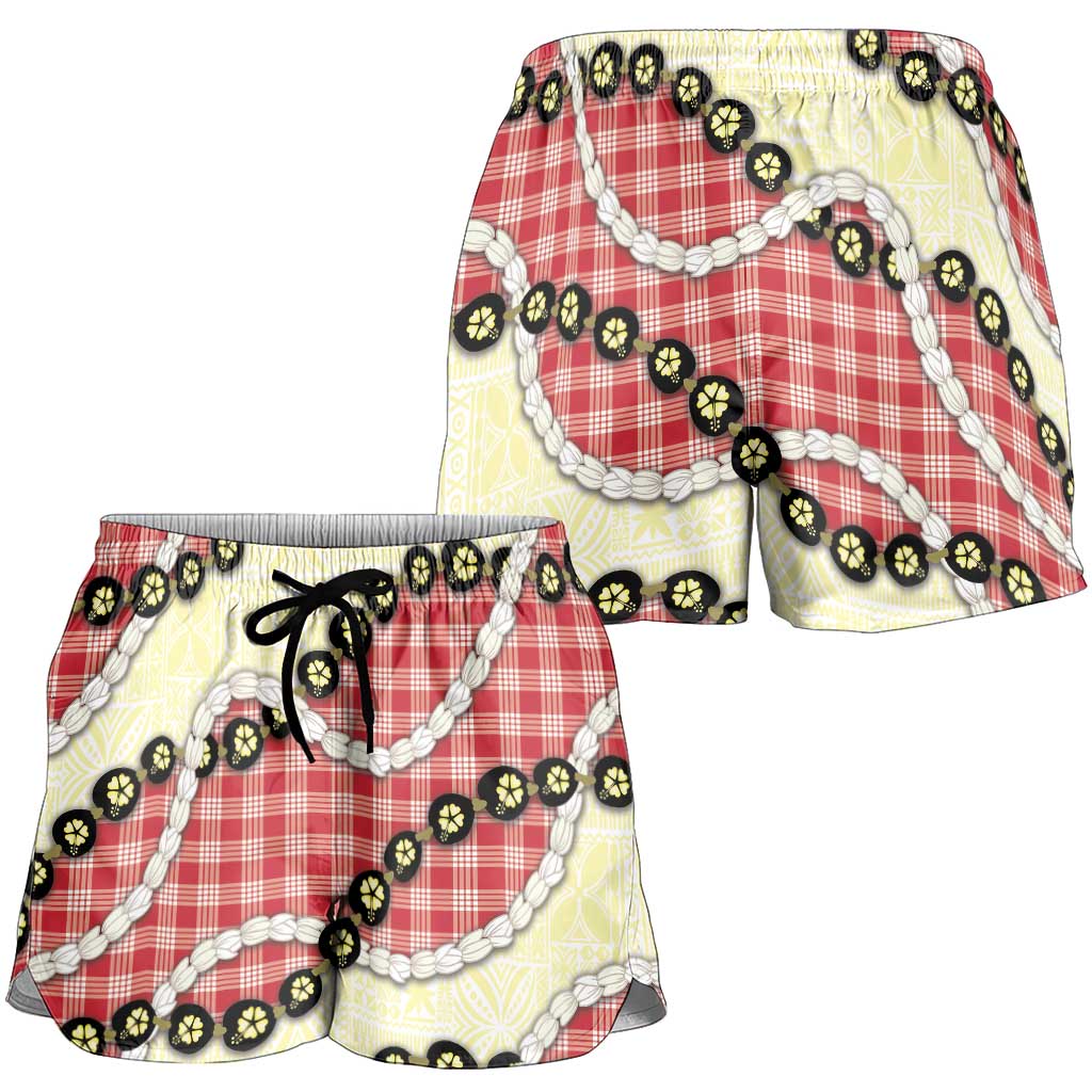 Red Palaka Hawaii Shorts for Women Kukui Nut Pikake Lei Hawaiian Tapa Pattern - Polynesian Pride