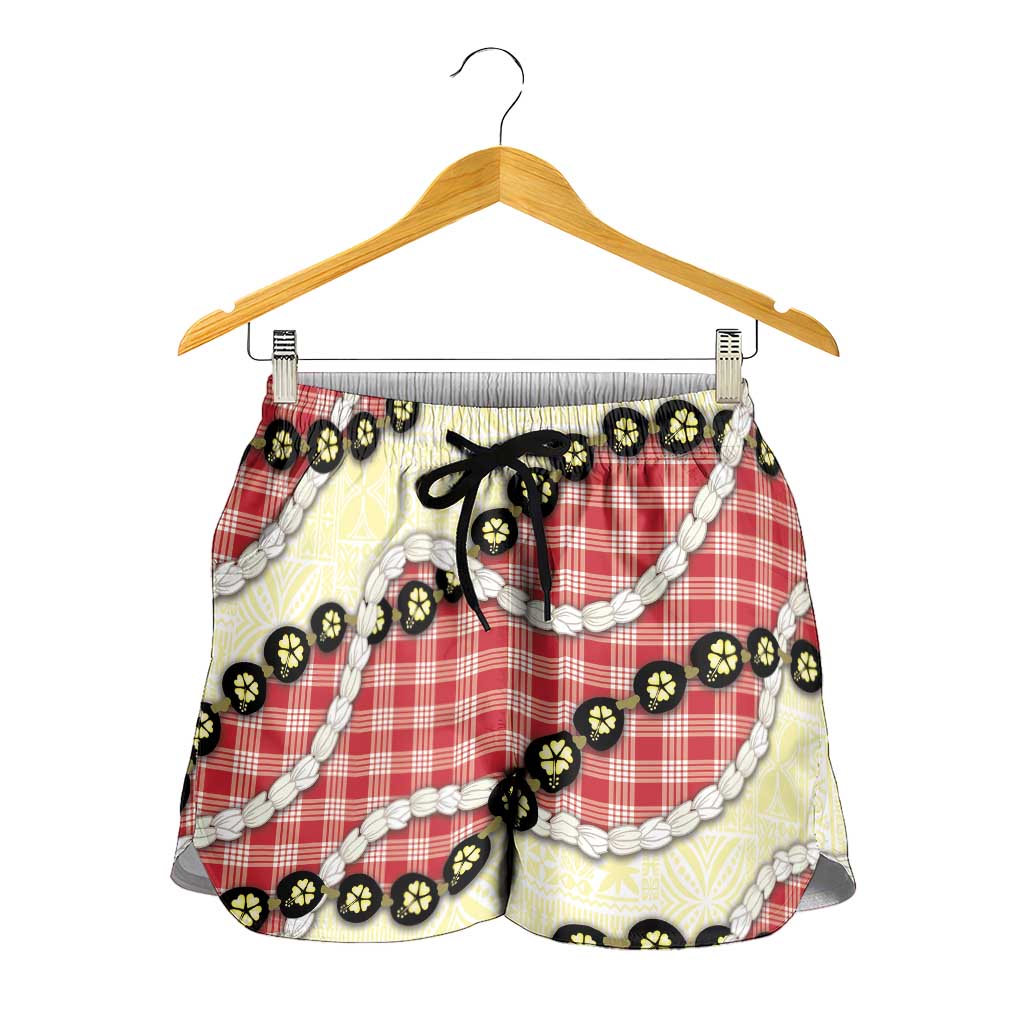 Red Palaka Hawaii Shorts for Women Kukui Nut Pikake Lei Hawaiian Tapa Pattern - Polynesian Pride