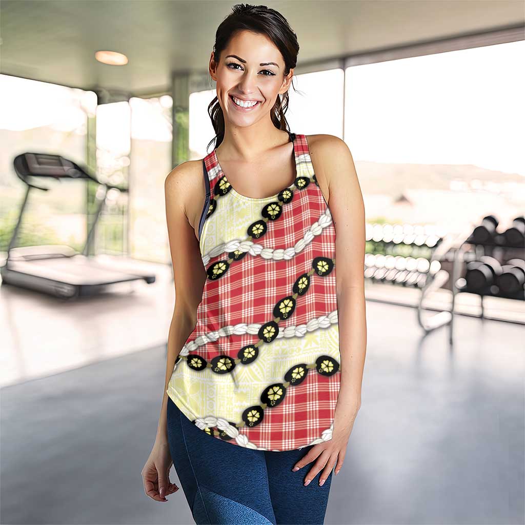 Red Palaka Hawaii Women Racerback Tank Kukui Nut Pikake Lei Hawaiian Tapa Pattern - Polynesian Pride
