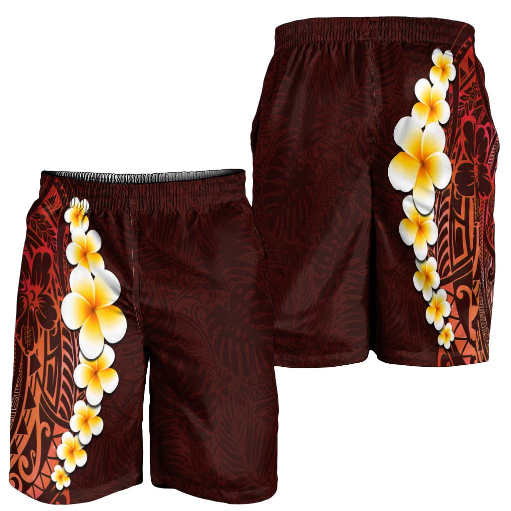 Red Polynesia Shorts for Men Plumeria Tropical Leaves With Galaxy Polynesian Art - Polynesian Pride