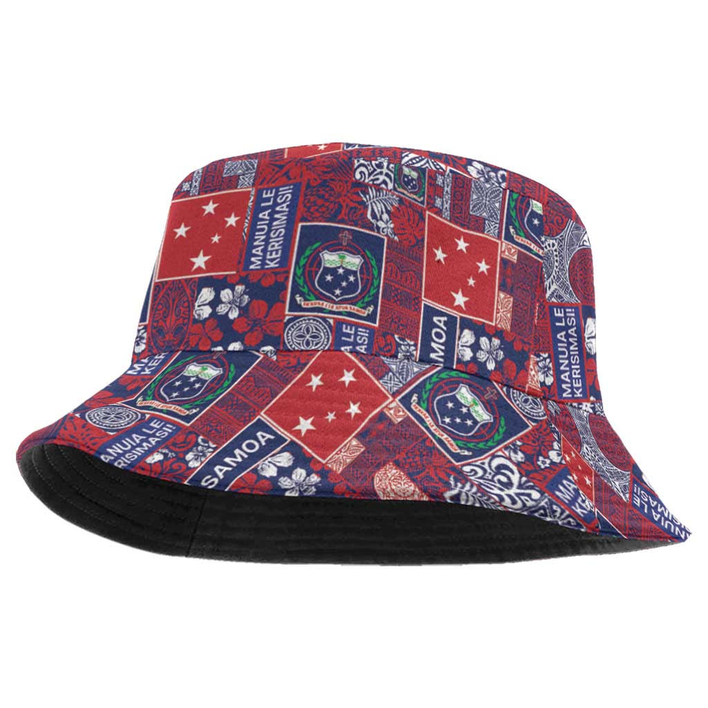 Red Samoa Manuia Le Kerisimasi Bucket Hat Pacific Patchwork Xmas Vibes - Polynesian Pride