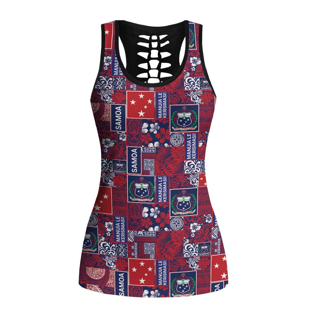 Red Samoa Manuia Le Kerisimasi Hollow Tank Top Pacific Patchwork Xmas Vibes - Polynesian Pride