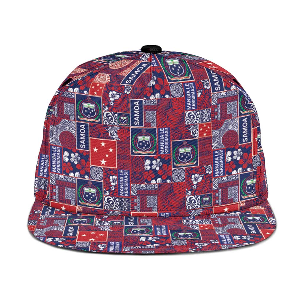 Red Samoa Manuia Le Kerisimasi Snapback Cap Pacific Patchwork Xmas Vibes - Polynesian Pride