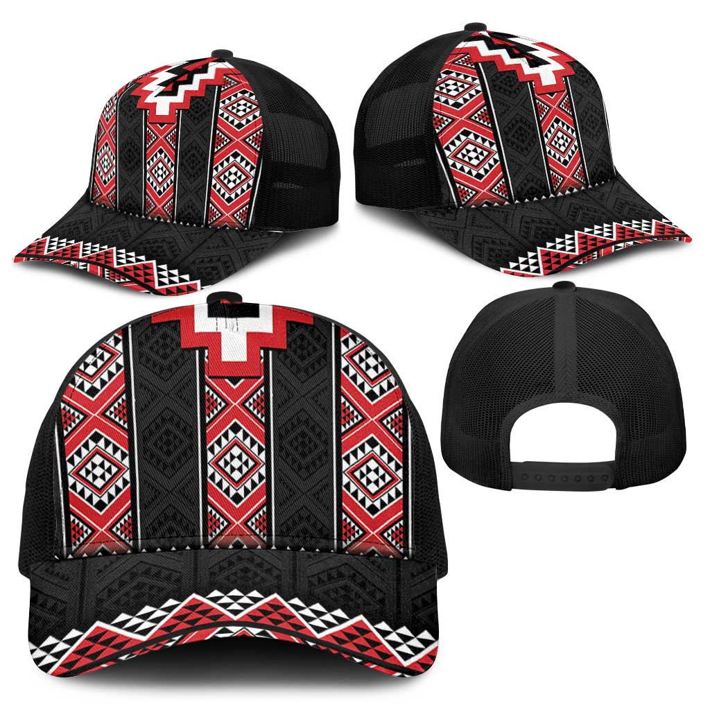 Red Taniko Aotearoa Baseball Net Cap Niho Taniwha Mix Poutama - Polynesian Pride