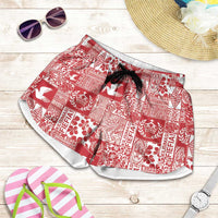 Red Tonga Kilisimasi Fiefia Shorts for Women Pacific Patchwork Xmas Vibes - Polynesian Pride