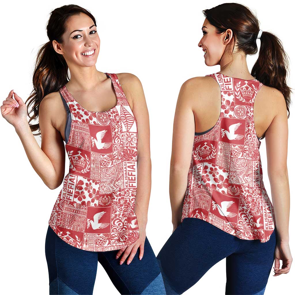 Red Tonga Kilisimasi Fiefia Women Racerback Tank Pacific Patchwork Xmas Vibes - Polynesian Pride