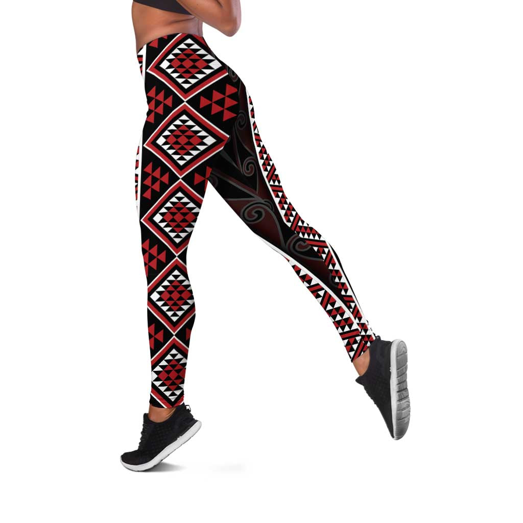 Red Tukutuku Pattern Aotearoa Leggings Niho Taniwha and Puhoro Motifs LT07