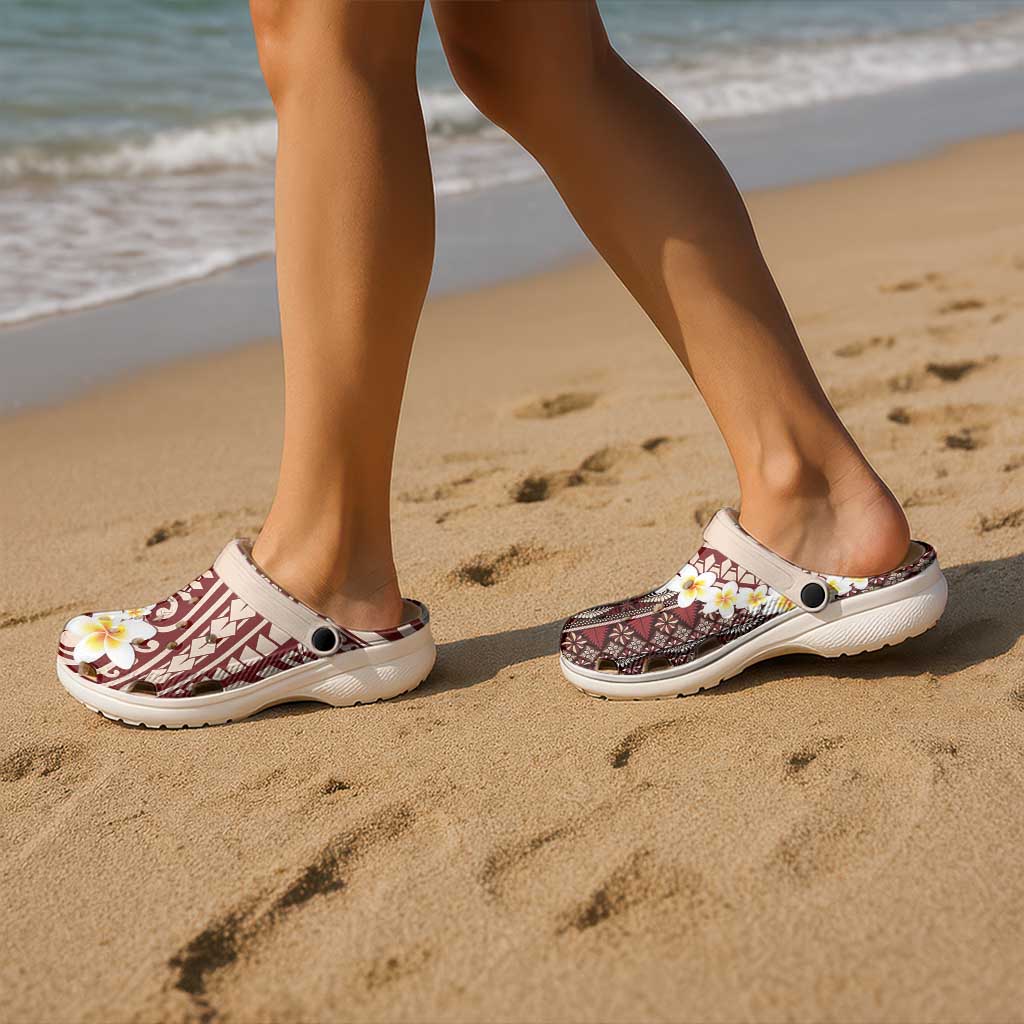Red Vintage Tonga Ngatu Pattern With Plumeria Clogs Shoes - Polynesian Pride