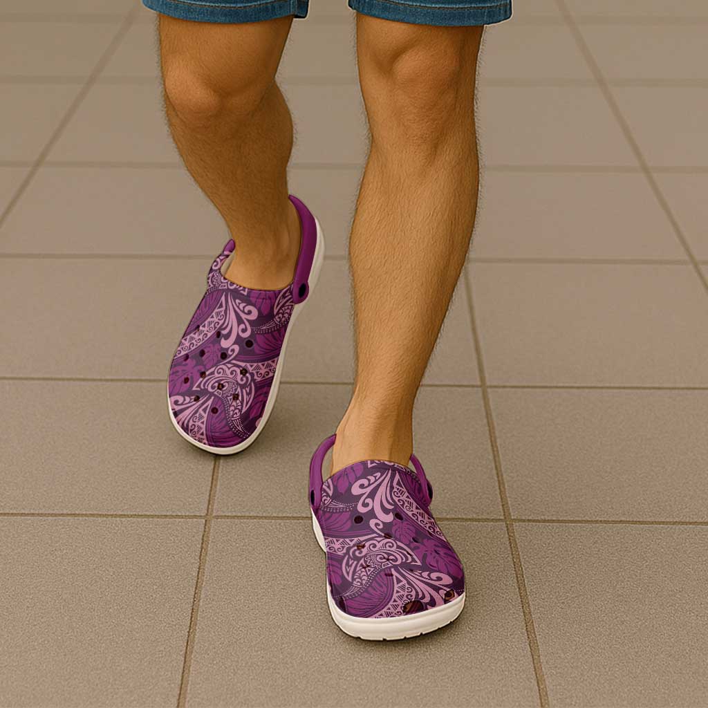 Royal Purple Monstera Clogs Shoes Polynesian Tribal Pattern - Polynesian Pride