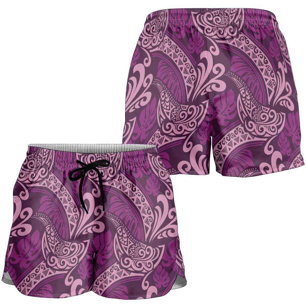 Royal Purple Monstera Shorts for Women Polynesian Tribal Pattern - Polynesian Pride