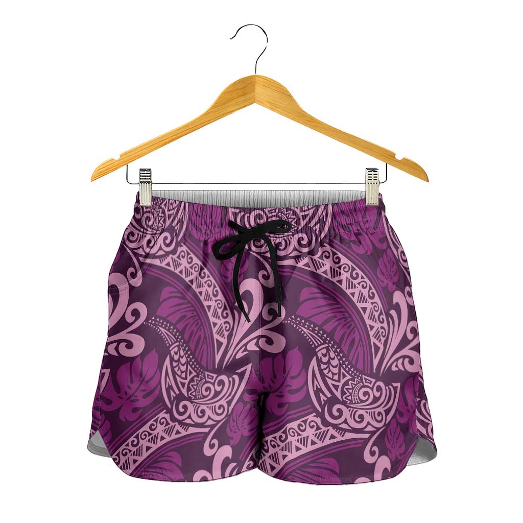 Royal Purple Monstera Shorts for Women Polynesian Tribal Pattern - Polynesian Pride