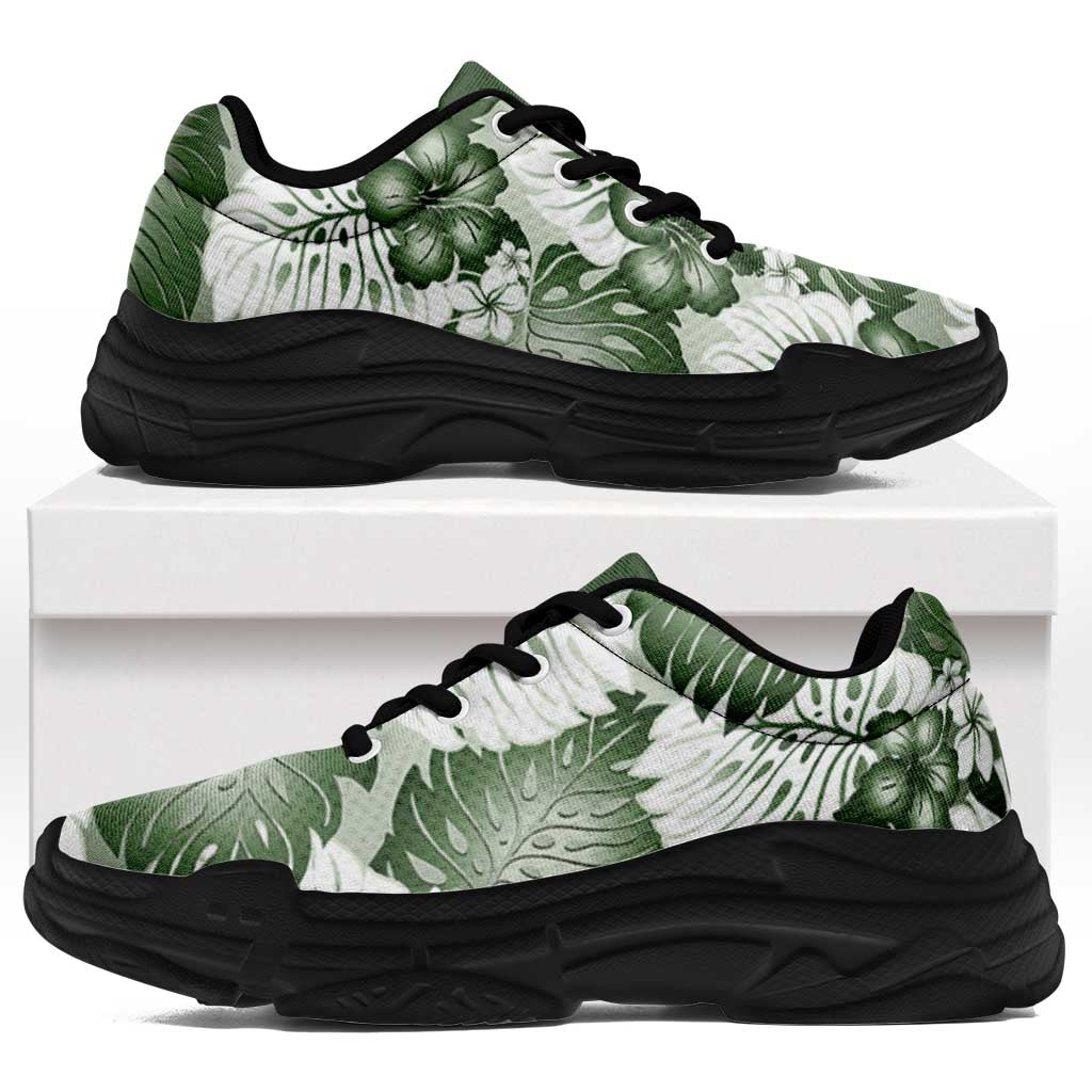 Sage Green Aloha Hawaii Chunky Sneakers Monstera Hibiscus Plumeria Seamless Vibes - Polynesian Pride