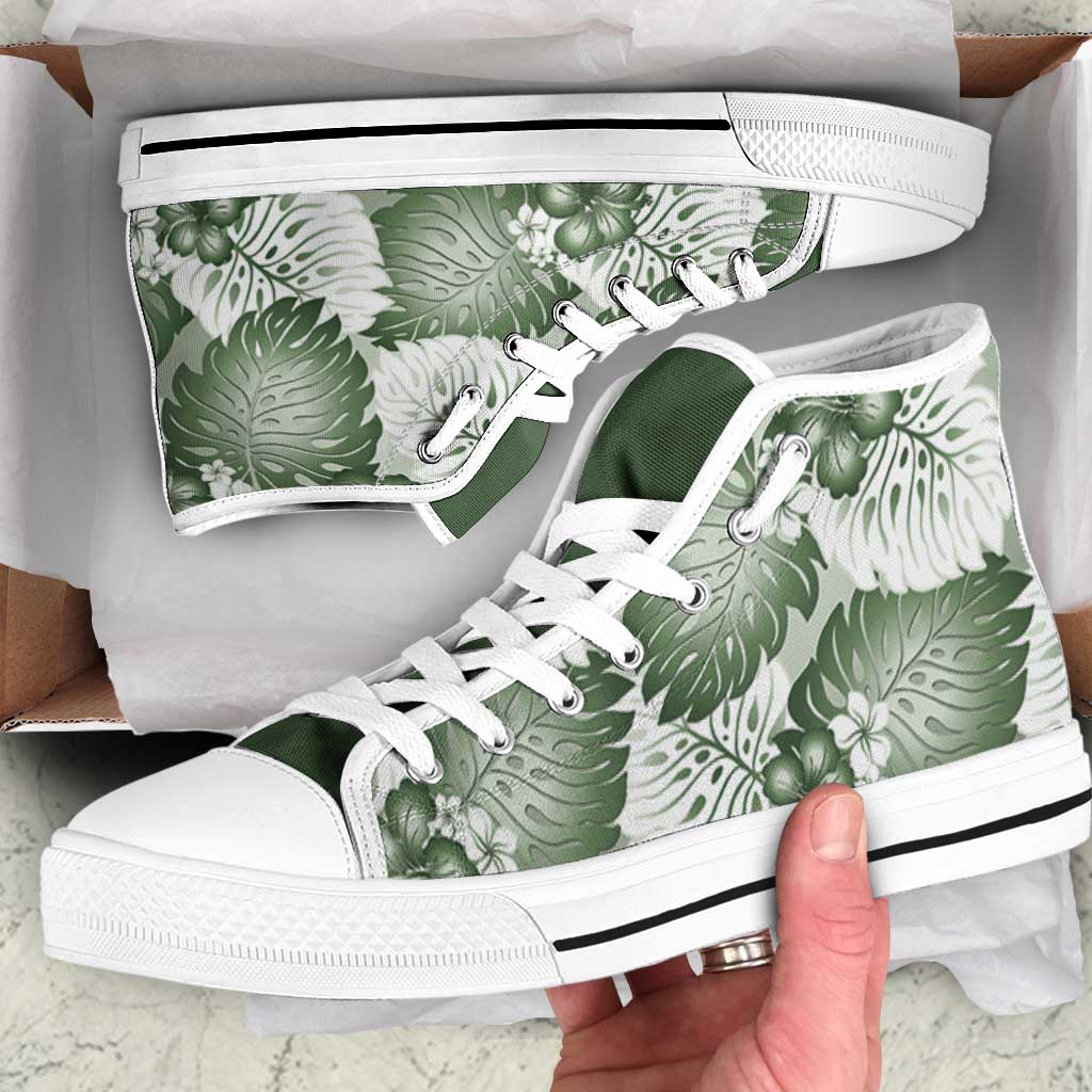 Sage Green Aloha Hawaii High Top Shoes Monstera Hibiscus Plumeria Seamless Vibes - Polynesian Pride