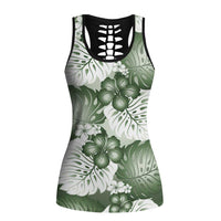 Sage Green Aloha Hawaii Hollow Tank Top Monstera Hibiscus Plumeria Seamless Vibes LT14 Female Sage Green - Polynesian Pride