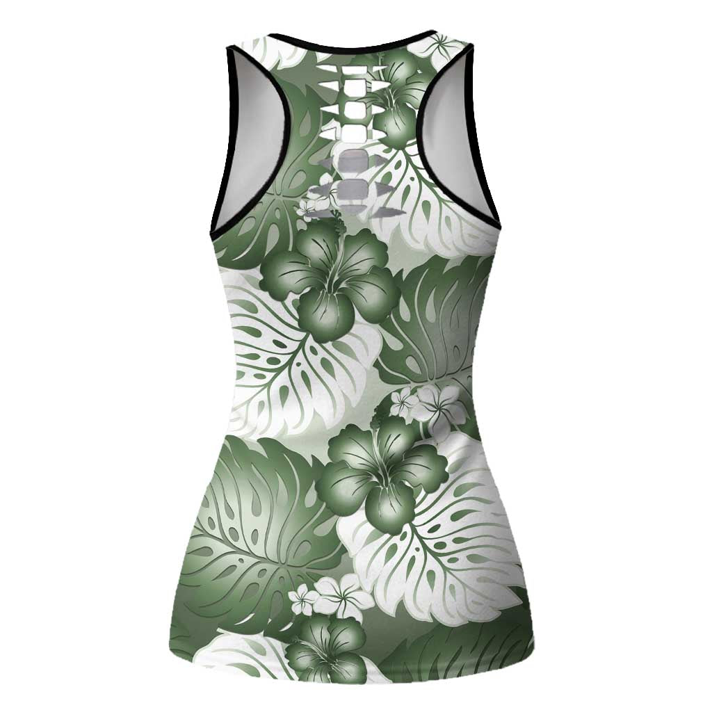 Sage Green Aloha Hawaii Hollow Tank Top Monstera Hibiscus Plumeria Seamless Vibes LT14 - Polynesian Pride