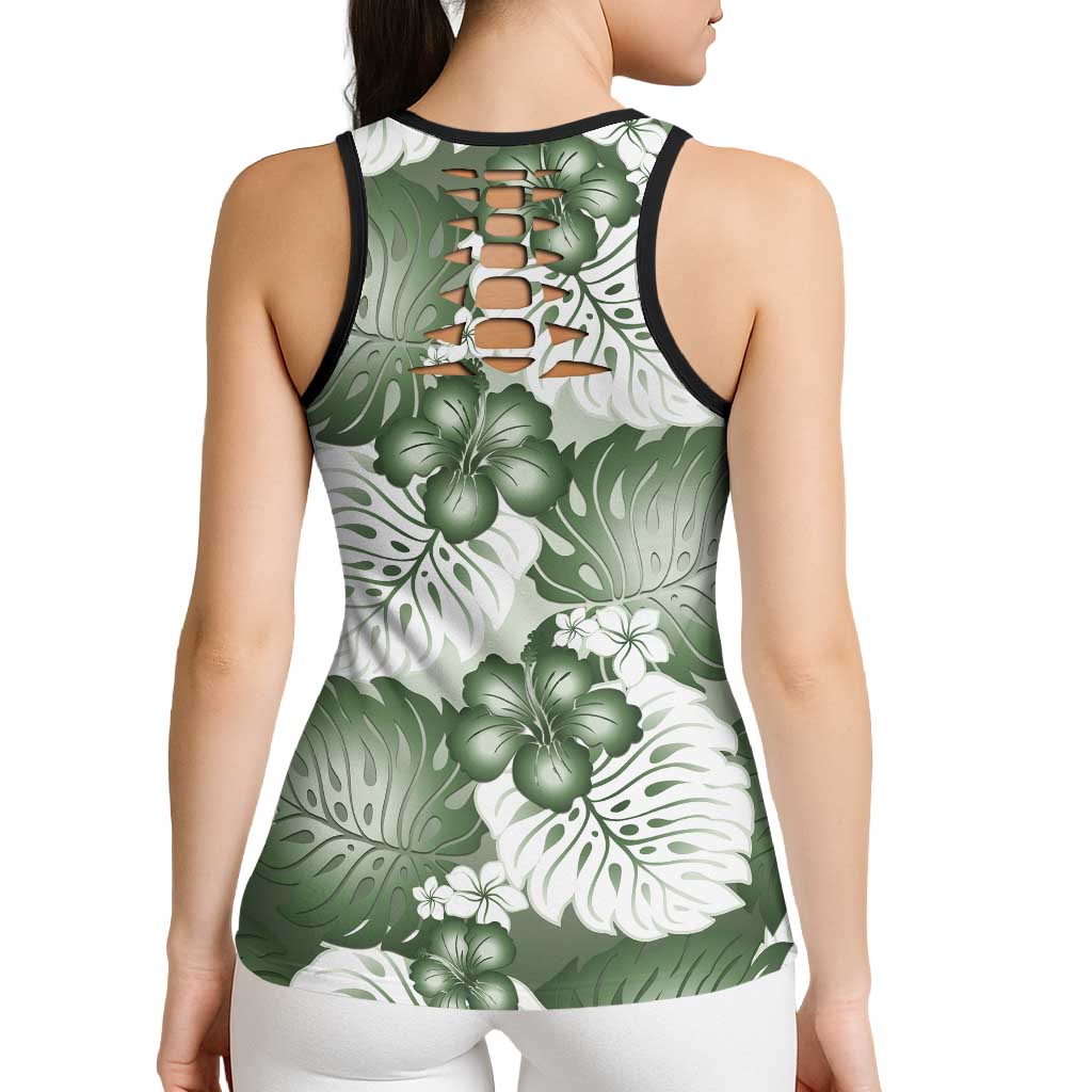 Sage Green Aloha Hawaii Hollow Tank Top Monstera Hibiscus Plumeria Seamless Vibes LT14 - Polynesian Pride