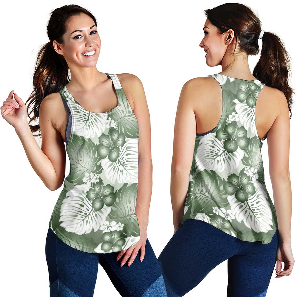 Sage Green Aloha Hawaii Women Racerback Tank Monstera Hibiscus Plumeria Seamless Vibes - Polynesian Pride