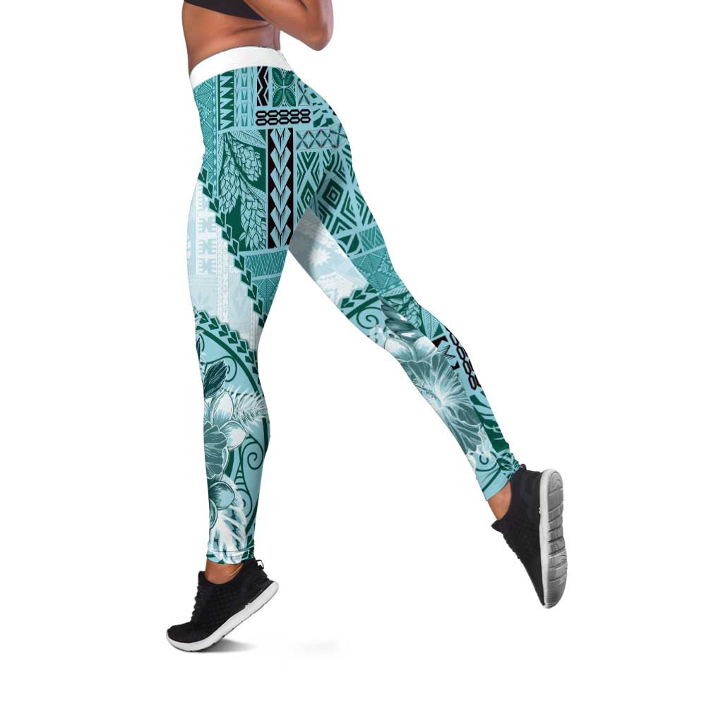 Samoa Siapo Elegant Leggings Hibiscus Teal Motifs - Polynesian Pride