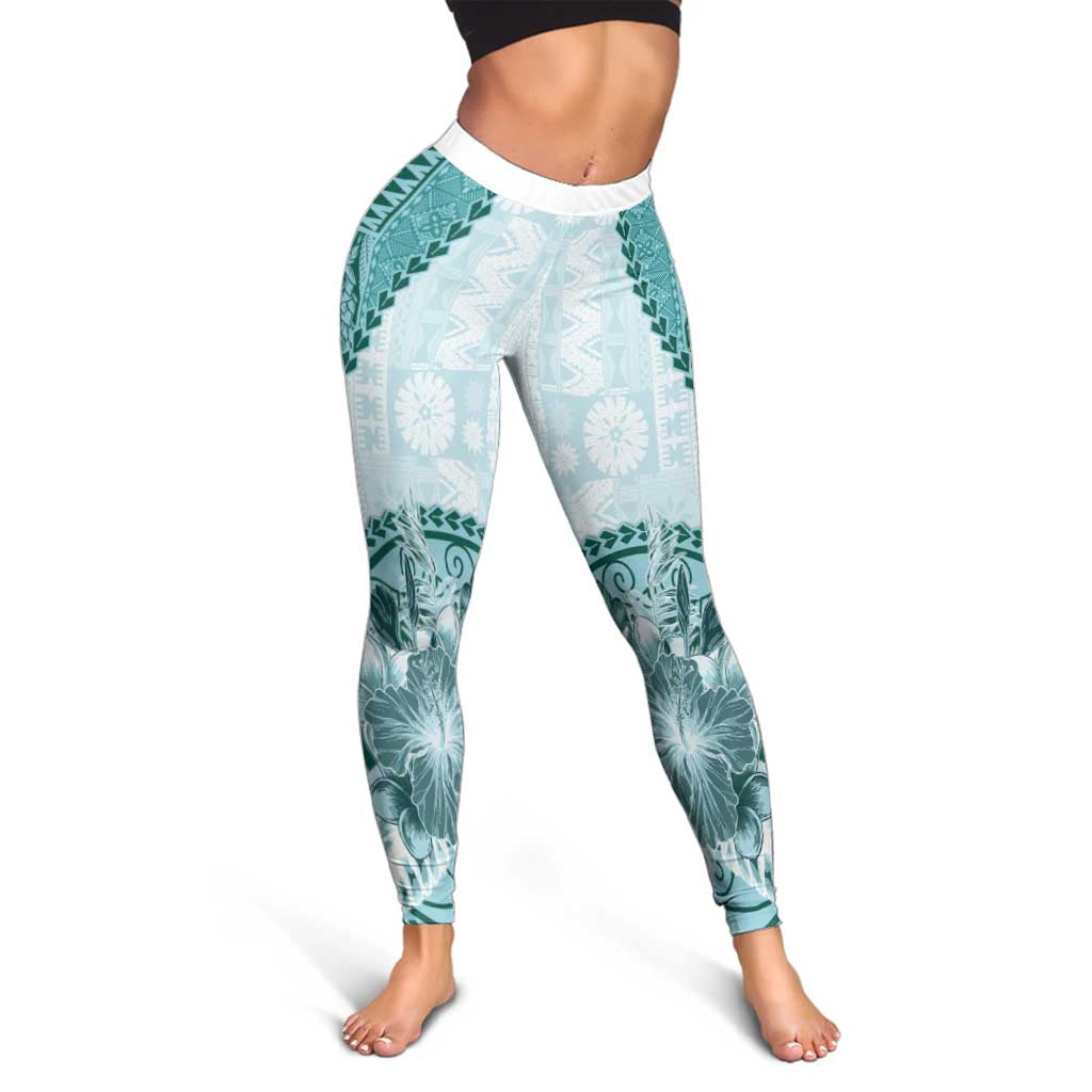 Samoa Siapo Elegant Leggings Hibiscus Teal Motifs - Polynesian Pride